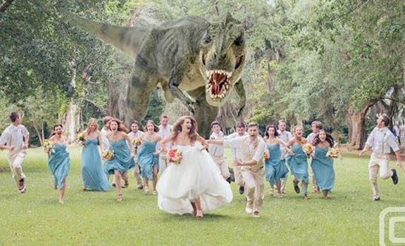 "دايناصور" يلاحق عروسين يوم زفافهما