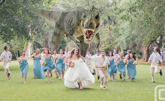 Dinosaur chasing bride and groom