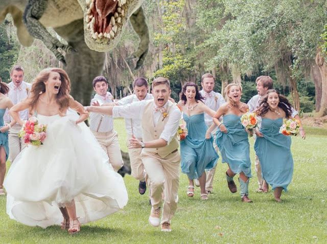 Dinosaur chasing bride and groom