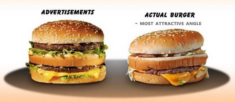 Comparison between an Ad burger and a real burger 