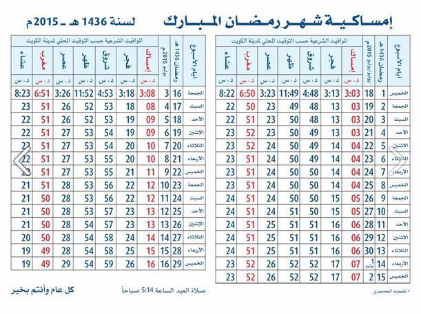 امساكية الكويت لرمضان 2015