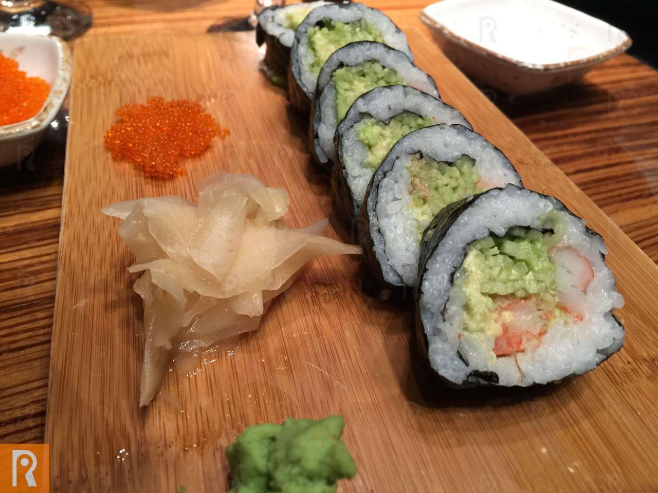 California contains  Crabstick, avocado, cucumber and tobiko