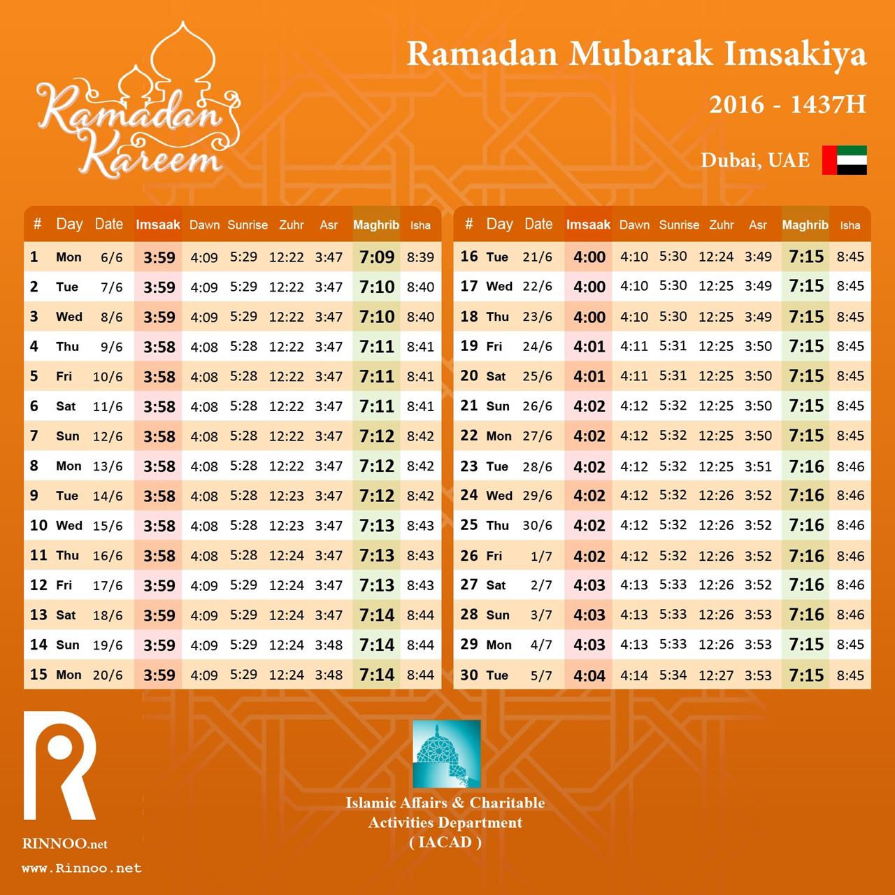 Ramadan 2016 Imsakiya - Dubai, UAE