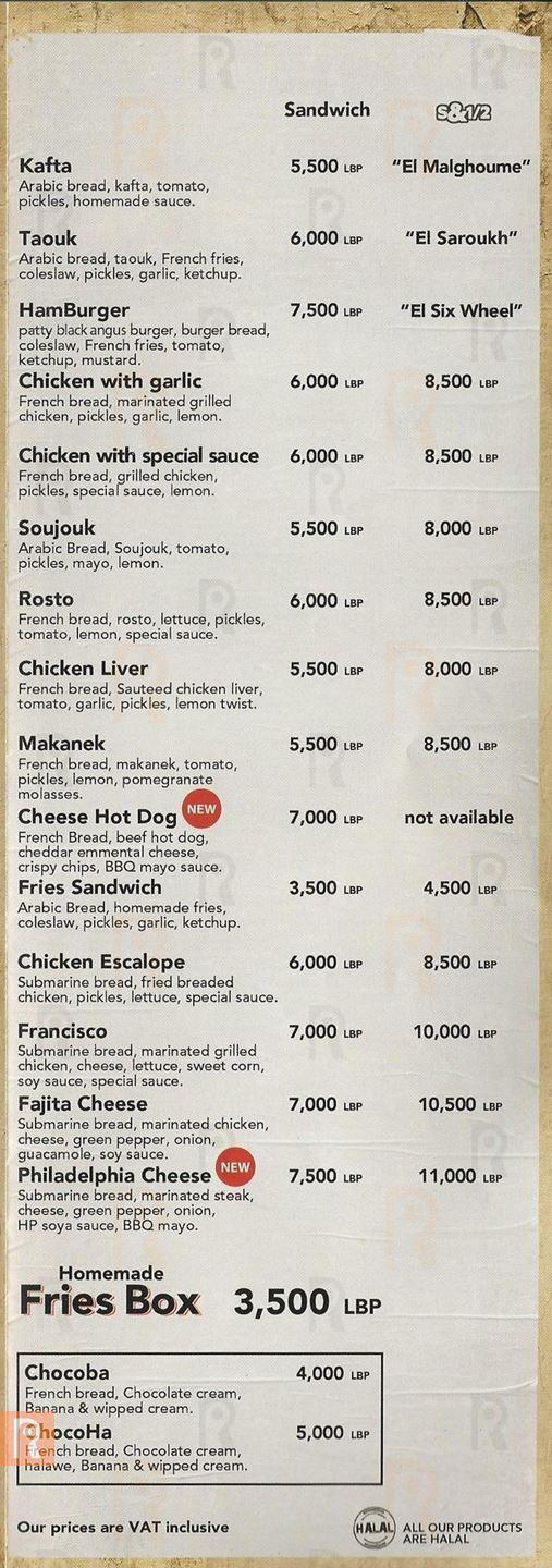 Sandwich W Noss Restaurant Menu and Meals Prices