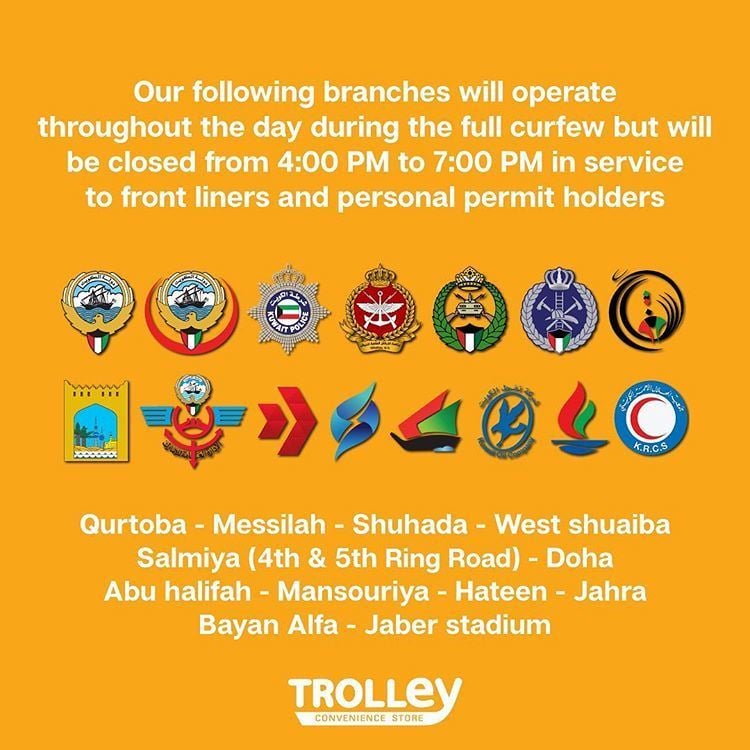 Trolley Kuwait Timings and Operating Branches during Total Curfew