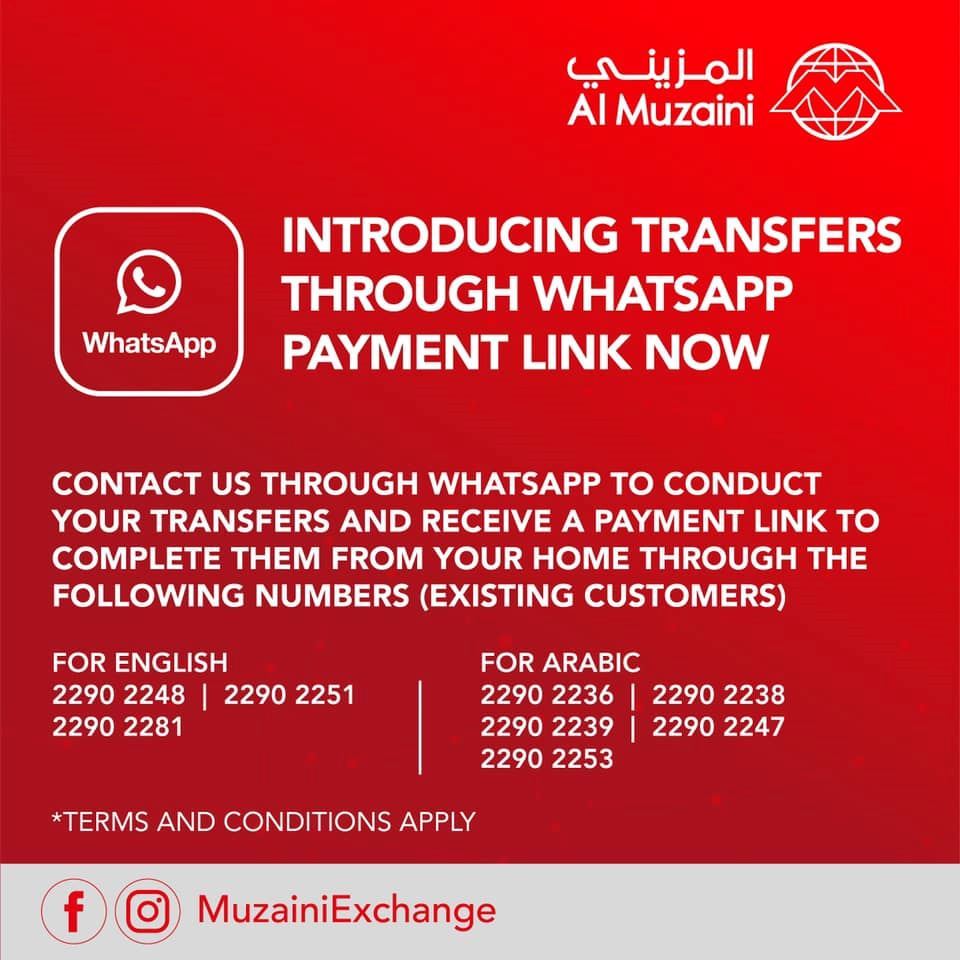 Al Muzaini offers Money Transferring Service via Whats App during Full Curfew