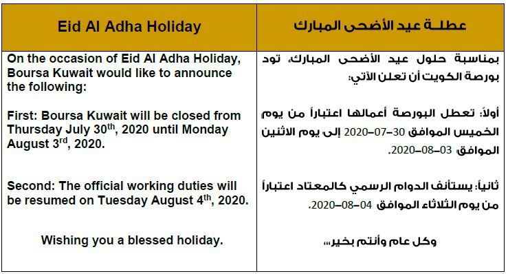 Eid Al Adha Holiday - Boursa Kuwait