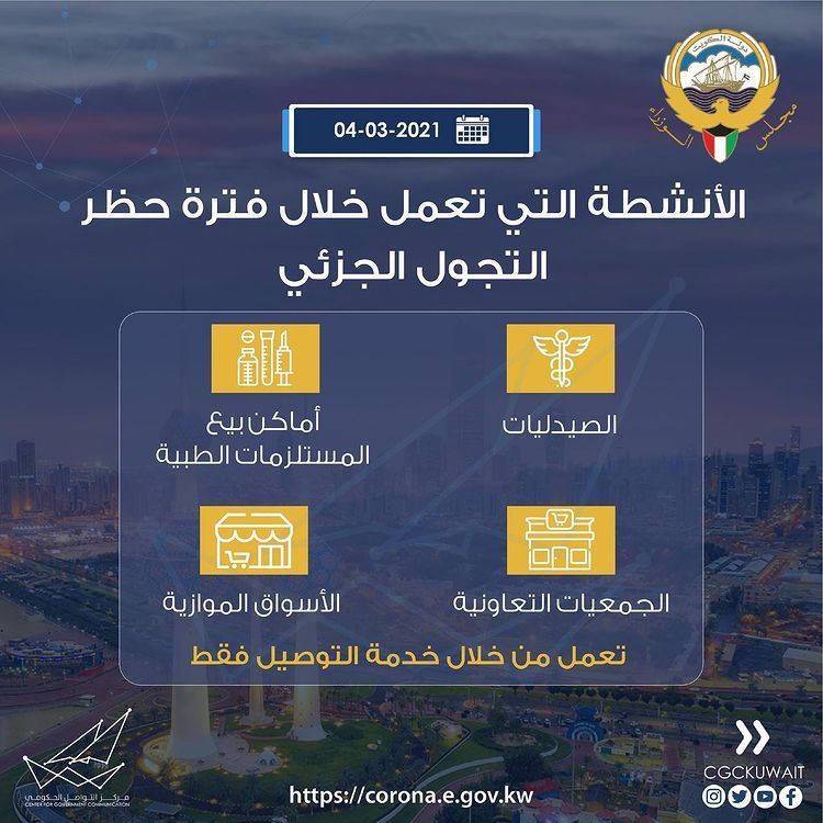 الأنشطة التي تعمل خلال فترة حظر التجول الجزئي في الكويت 2021