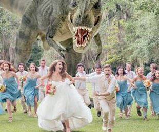 Dinosaur chasing bride and groom