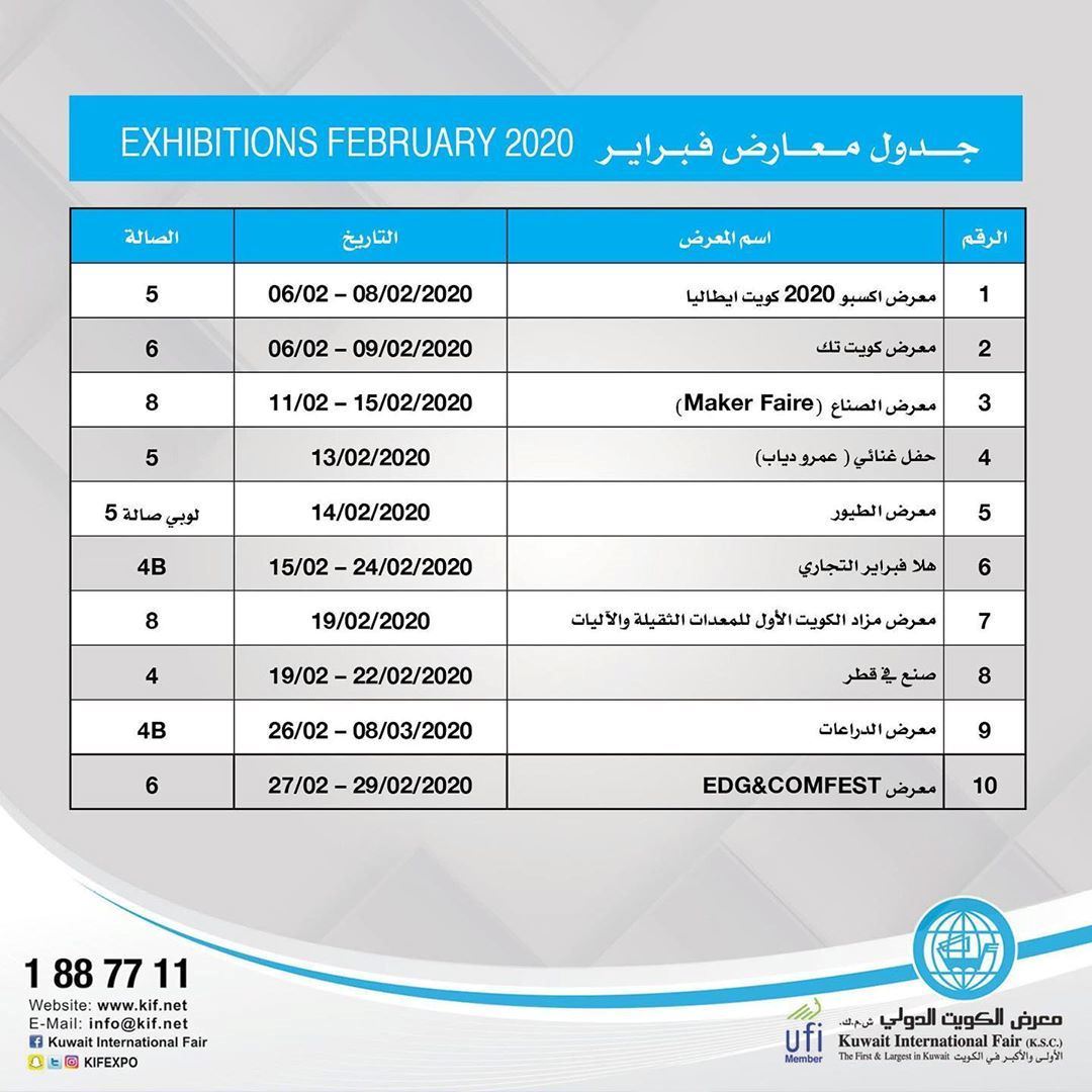 جدول معارض شهر فبراير 2020 في معرض الكويت الدولي