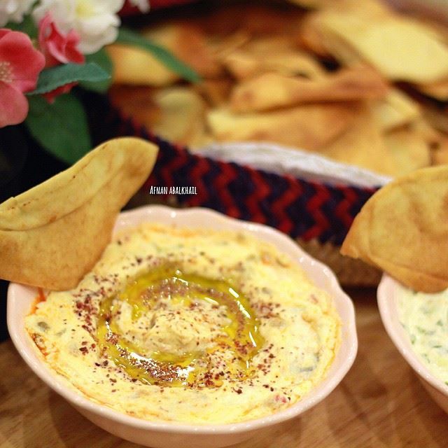 Hummus with Labneh and Makdous dipping recipe