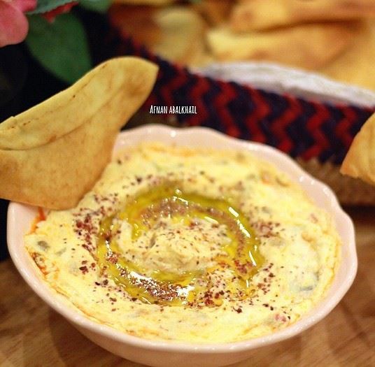 Hummus with Labneh and Makdous dipping recipe