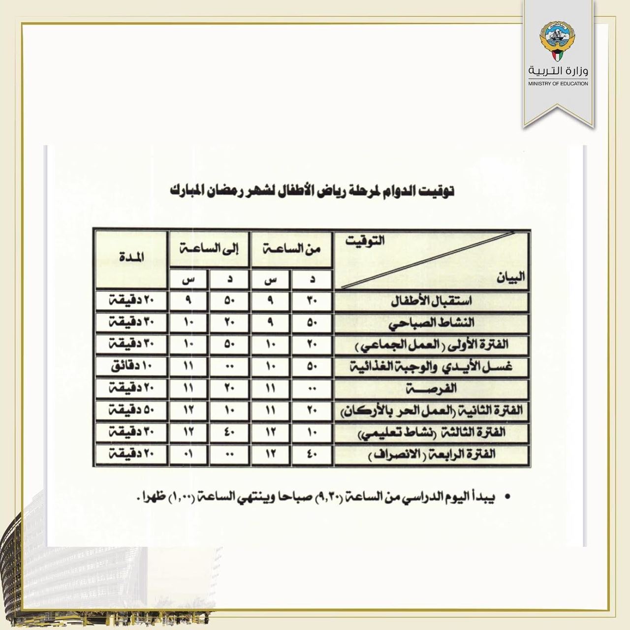 توقيت الدوام المدرسي في الكويت خلال شهر رمضان المبارك 2022