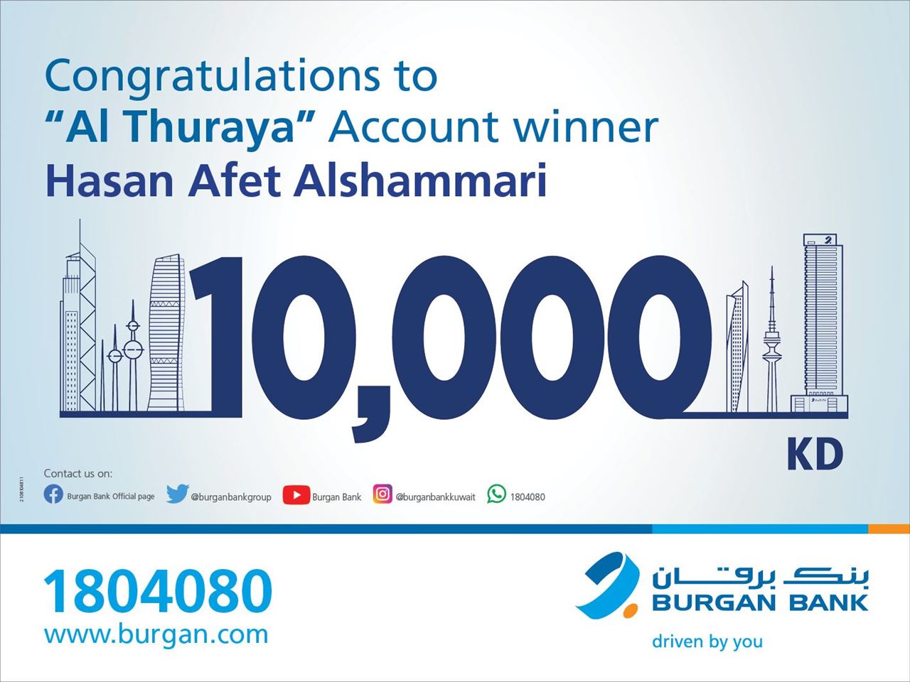 Burgan Bank announces the winner of the Al-Thuraya Salary Account monthly draw