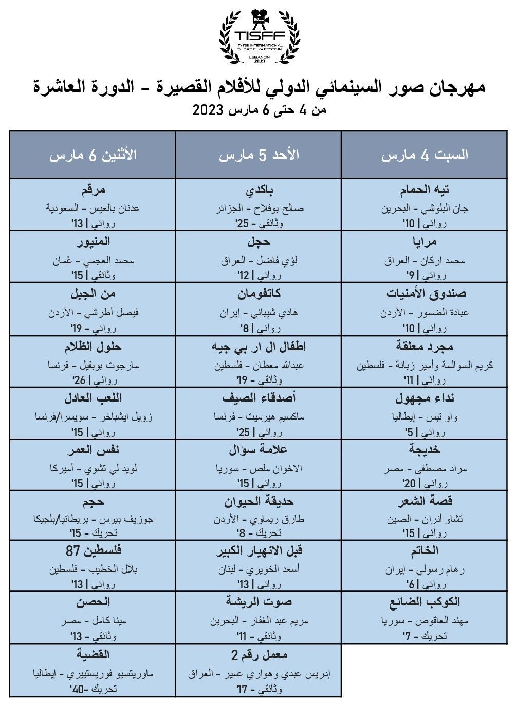 مهرجان صور السينمائي الدولي للأفلام القصيرة بمشاركة 29 فيلماً من 18 دولة بنسخته العاشرة