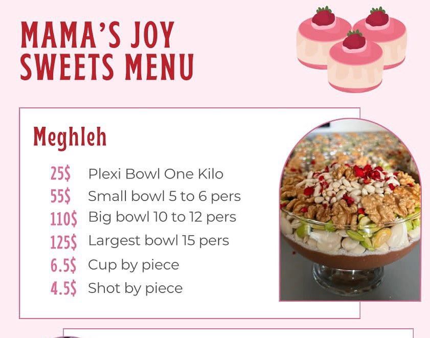 Mama's Joy Meghleh Sweet Menu and Prices